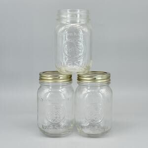 Golden Harvest Mason Pint Jars Set of 3 Clear Glass Cornucopia Embossed 2 W/Lids